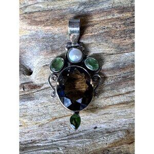 Vintage Sterling Silver Pendant W/ Smoky Quartz Green Peridot & Pearl Gemstones